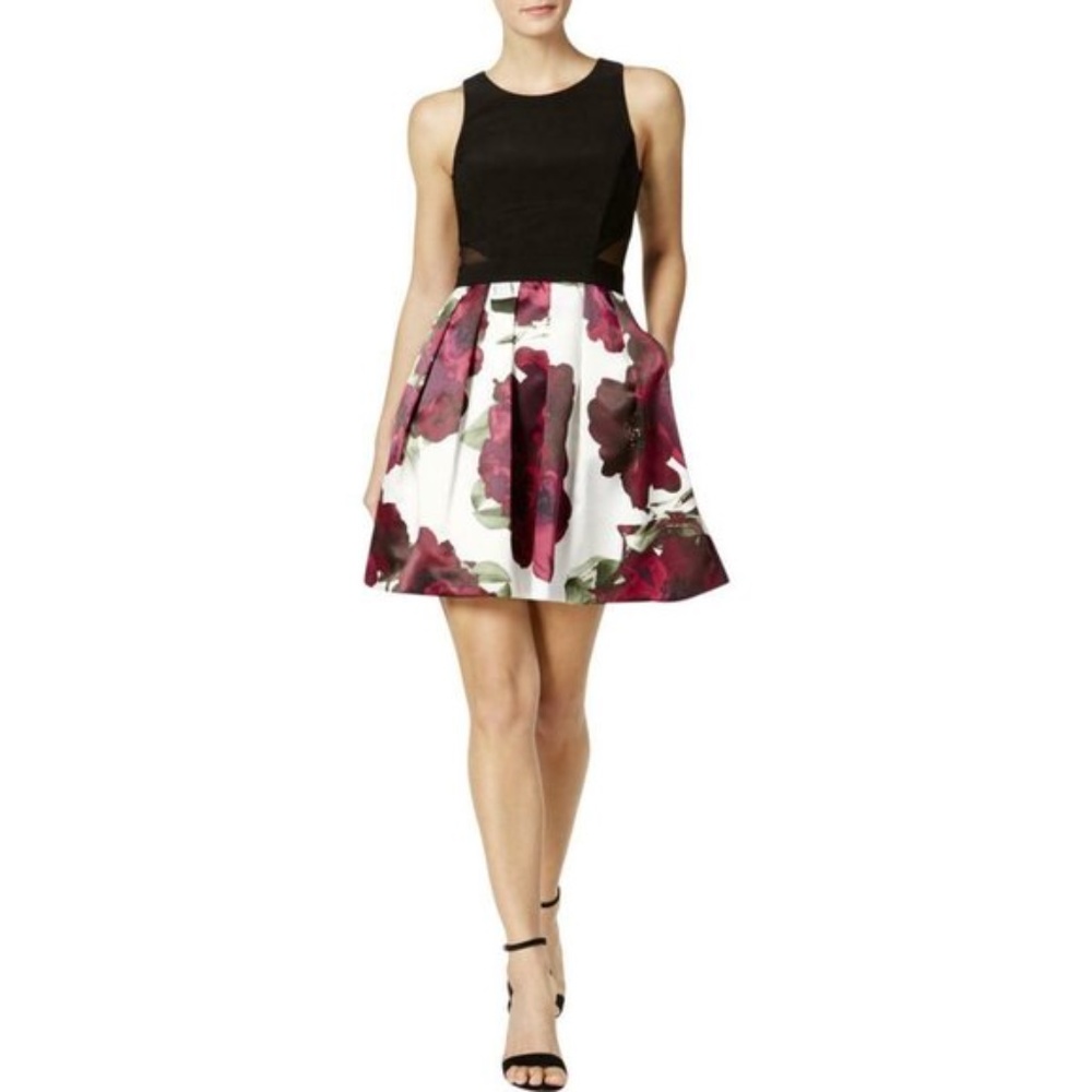 XScape Floral/Black Fit and Flare Party Dress